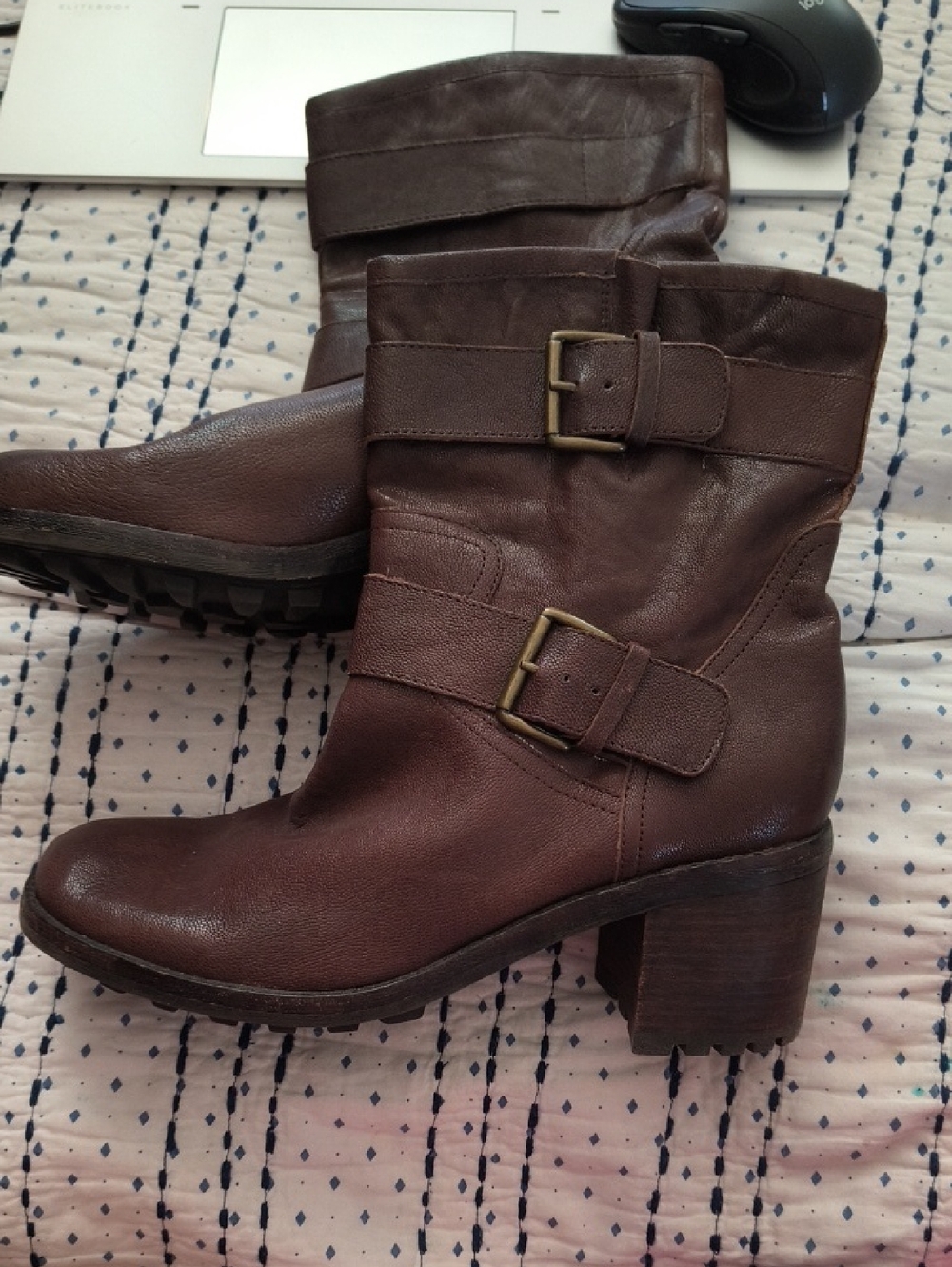 Sam Edelman Brown Leather Buckle Mid-Calf Heeled Boots